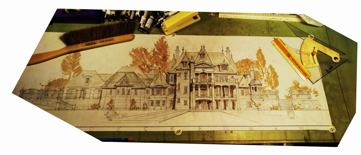 A hand-drawn period-style mansion rendering in progress on John Henry's drafting board — fountain pens, dust brush, scale ruler, and triangle in view